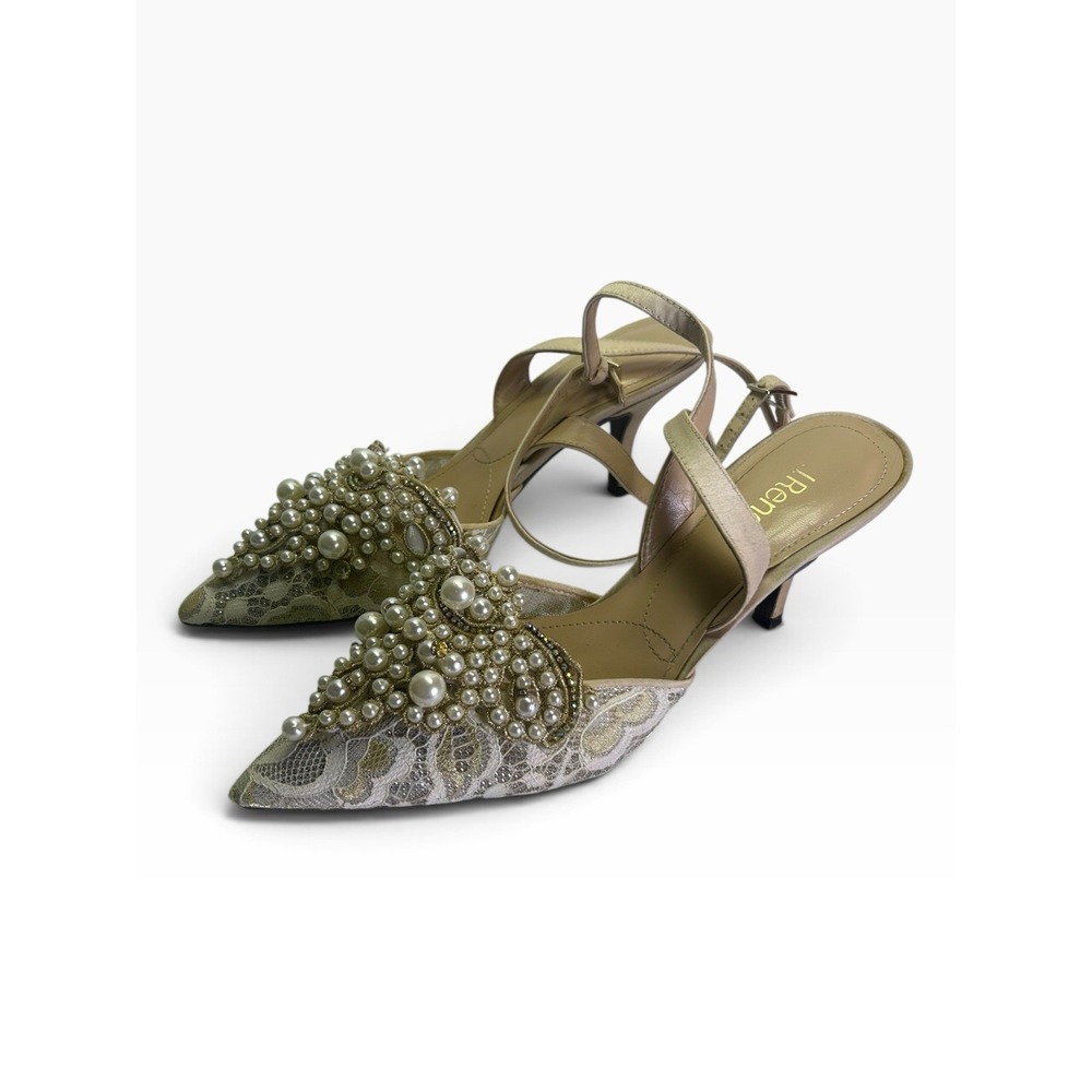 J. Renee Desdemona Pearl Slingback Pump Heel Wedding Lace Ivory Gold Size 9.5M